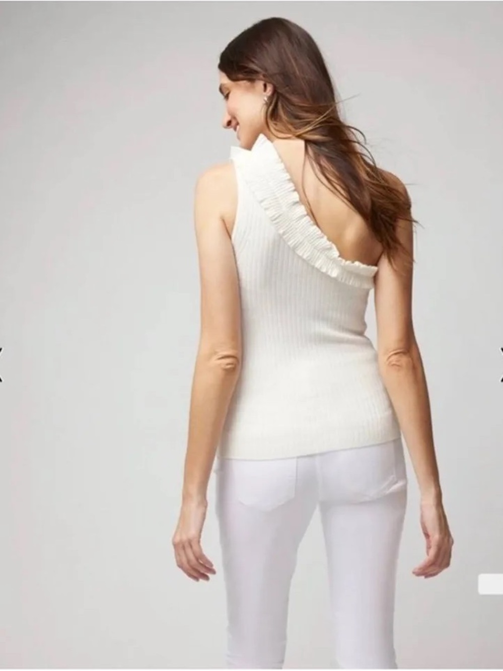 White House Black Market NWT One-Shoulder Ruffle Ribbed Tank in Ivory - Picture 10 of 11